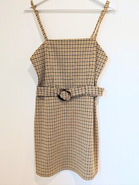 NWT Spaghetti Strap Houndstooth Belted Mini Dress in Brown (size large) Vintage